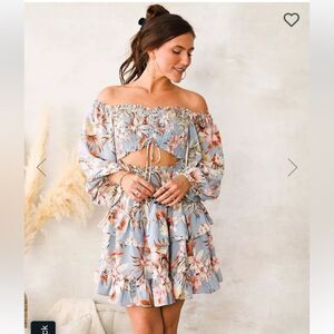 Privy Blue Floral Smocked Cutout Mini Dress Women’s Large Long Sleeve Boho